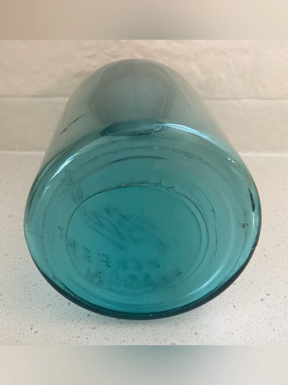Vtg. Aqua Blue Ball Perfect Mason glass embossed jar with Scripto logo. 2qt.